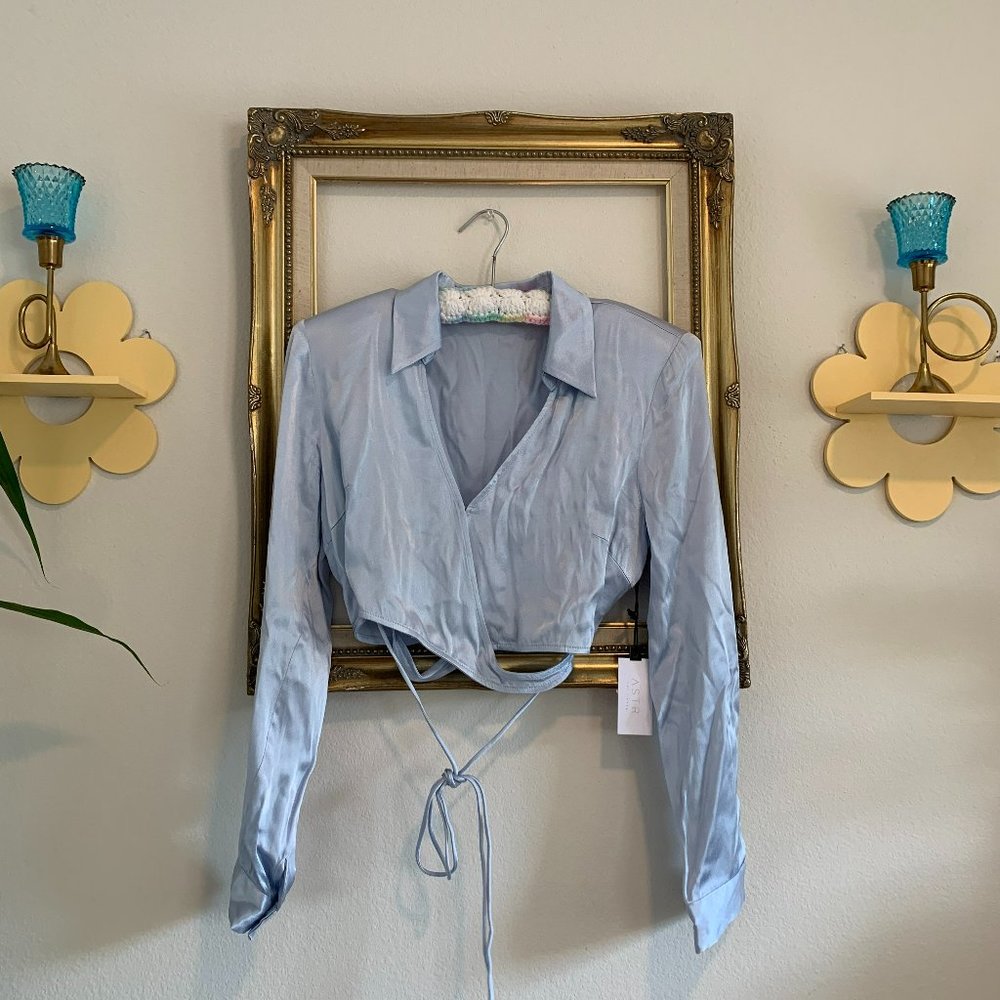 ASTR Delphi Satin Pointed Collar Wrap Top Women's